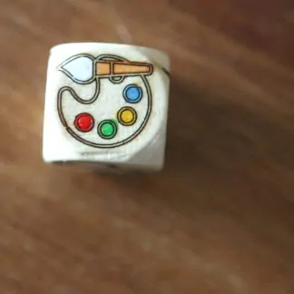 1 Dé à Histoire objets 2 (palette de peinture, loupe, brouette, lunettes, coupe, filet à papillon)