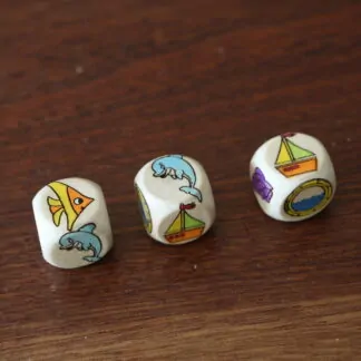 1 Dé à Histoire thème mer 1 (hublot, Bernard l'Hermite, dauphin, coquillage, poisson, bateau)