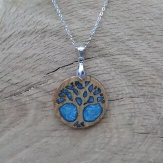 Pendentif Résine Bleue océan + Bois naturel "Arbre Olivier, arbre de vie"